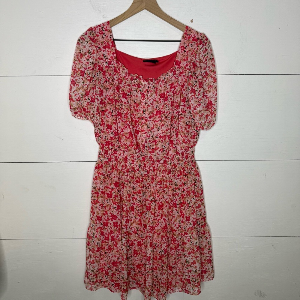 Just…Taylor • Pink Floral Printed Ruffled Chiffon Smocked Flare Dress
